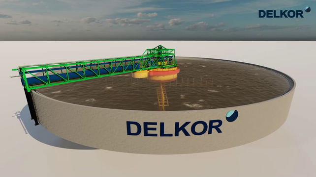 The picture shows a 3D picture of our DELKOR Paste Thickener with its record-breaking 14 MNm drive, specifically designed for heavy-duty paste tailings applications in an on-ground tank thickener.